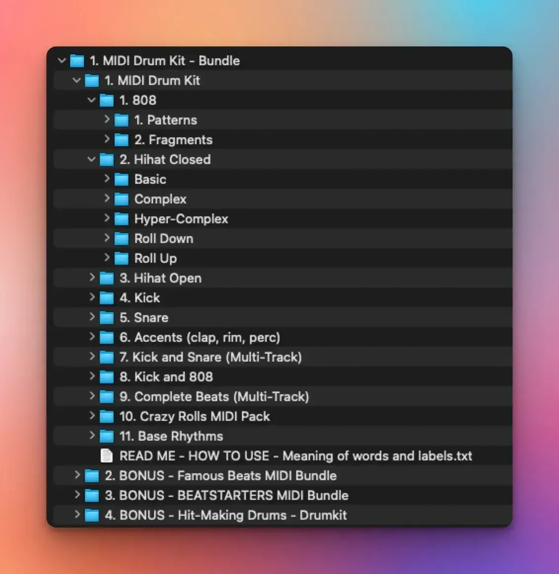 The MIDI Drum Kit folder structure in Finder