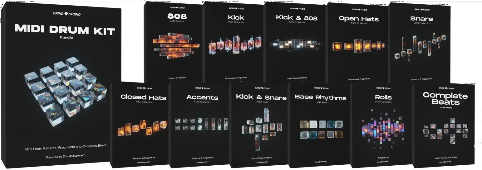 The MIDI Drum Kit folders: Complete Beats, 808, Kick, Snare, Closed Hats, Open Hats, Kick & Snare, Kick & 808, Rolls, Accents