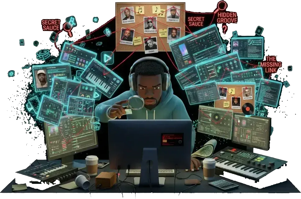 A producer at his desk surrounded by screens, looking for the secret sauce