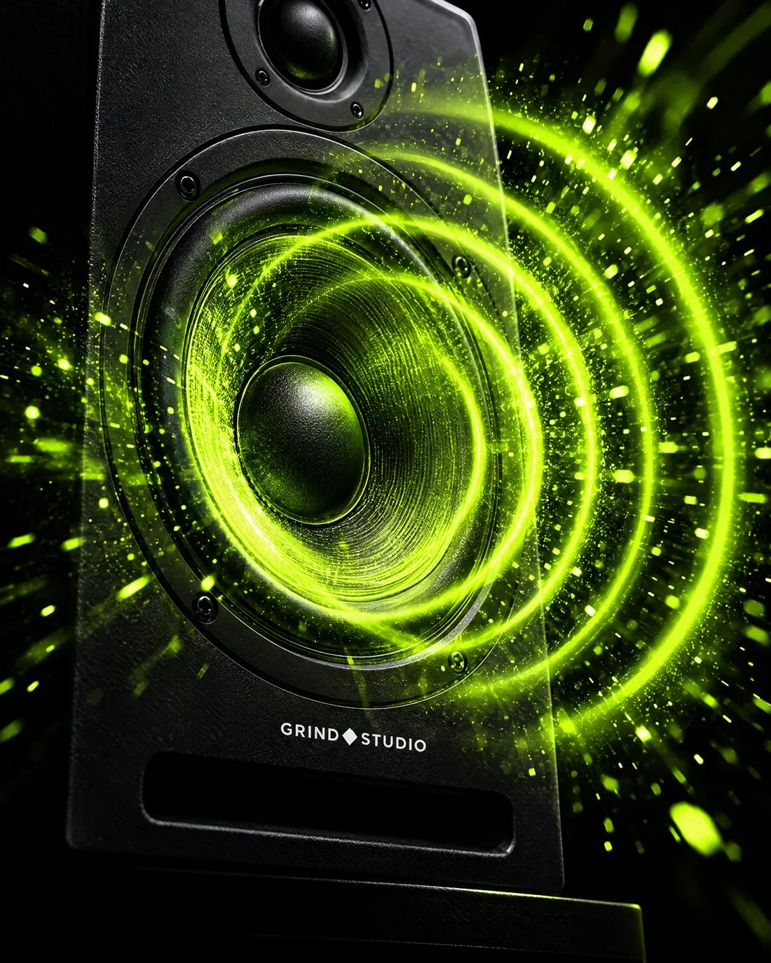 A GRIND STUDIO studio monitor pushing out a wave of green light