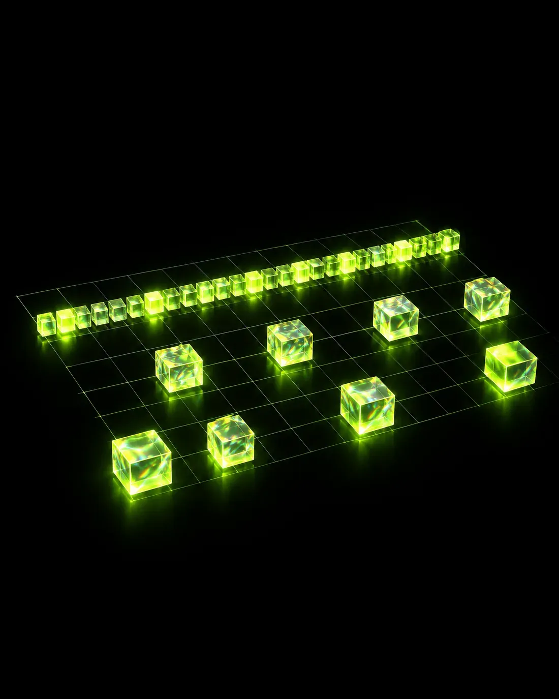 A drum pattern of glowing glass cubes on a piano-roll grid