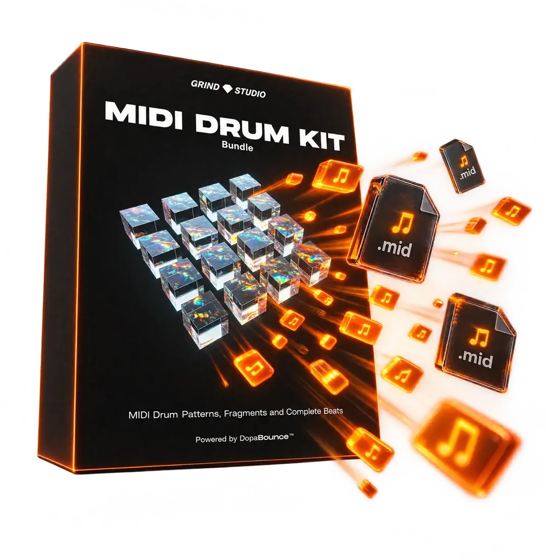 The GRIND STUDIO MIDI Drum Kit box with .mid files and orange MIDI notes bursting out of it