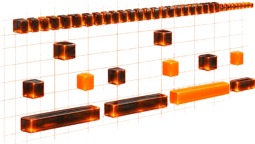 A trap drum pattern as floating 3D MIDI blocks: hats, snare, kick and 808 lanes
