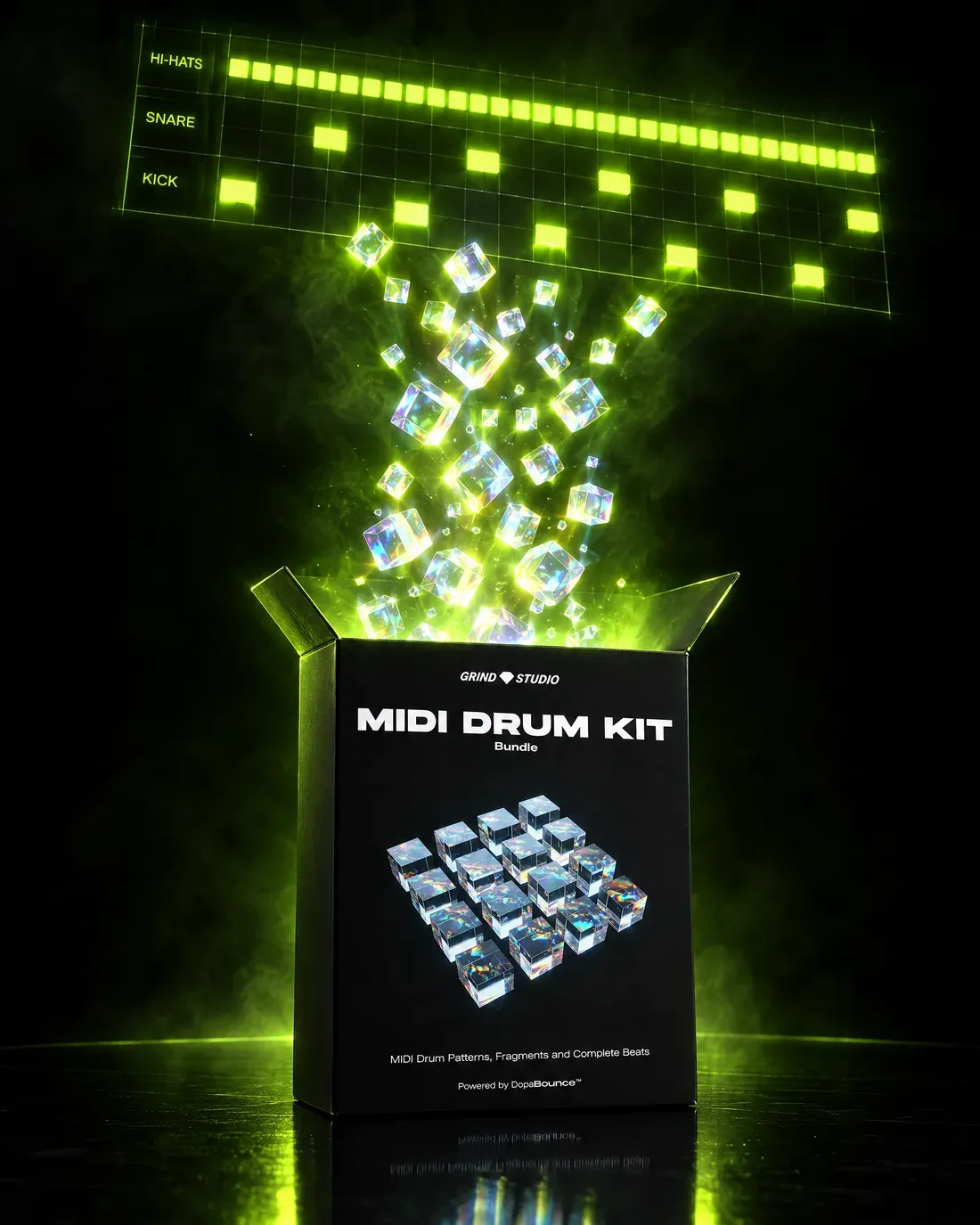 The MIDI Drum Kit box opens and glowing glass cubes fly out, landing as a kick, snare and hi-hat pattern on a piano roll
